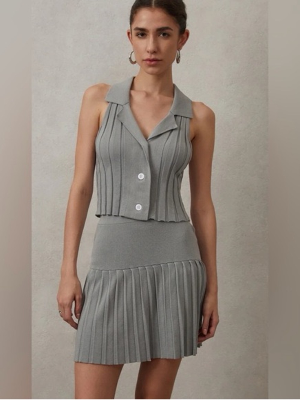 Pleated Knit Mini Skirt and vest in Light blue